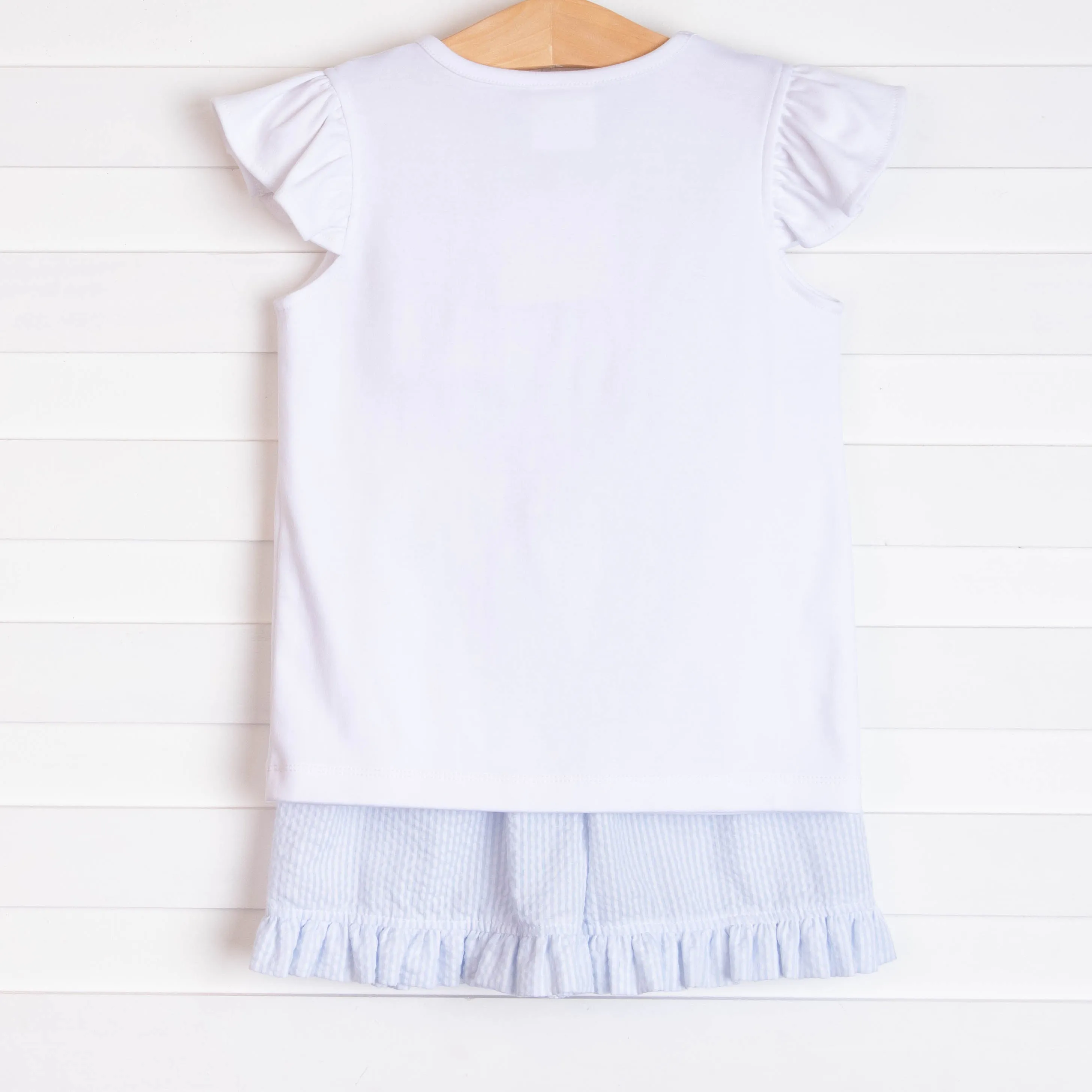 Whale of a Time Smocked Ruffle Short Set, Light Blue Seersucker