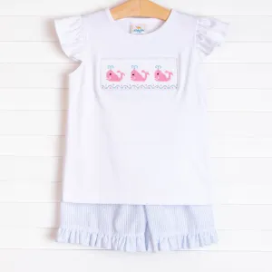 Whale of a Time Smocked Ruffle Short Set, Light Blue Seersucker