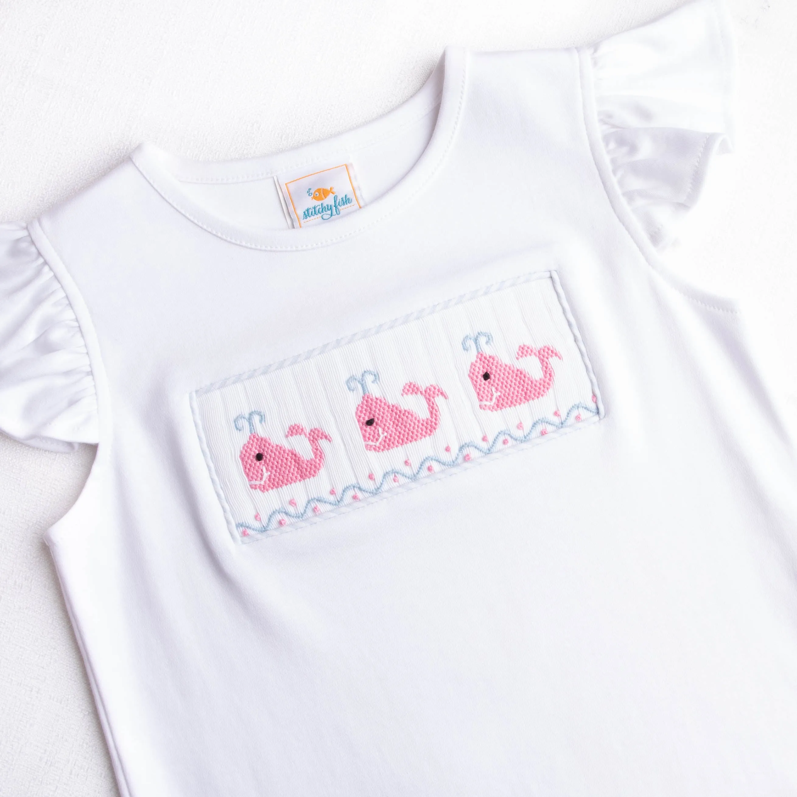 Whale of a Time Smocked Ruffle Short Set, Light Blue Seersucker