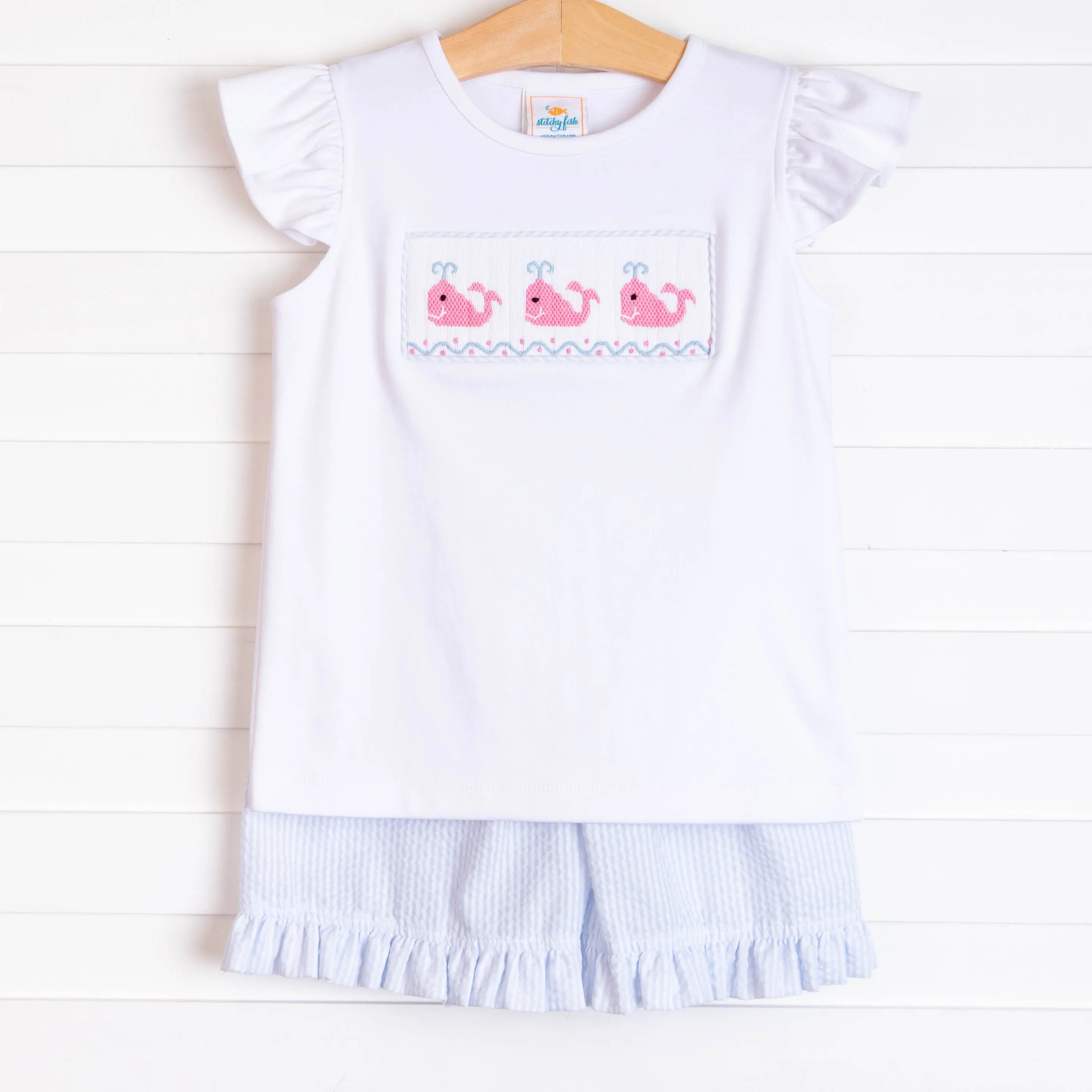 Whale of a Time Smocked Ruffle Short Set, Light Blue Seersucker
