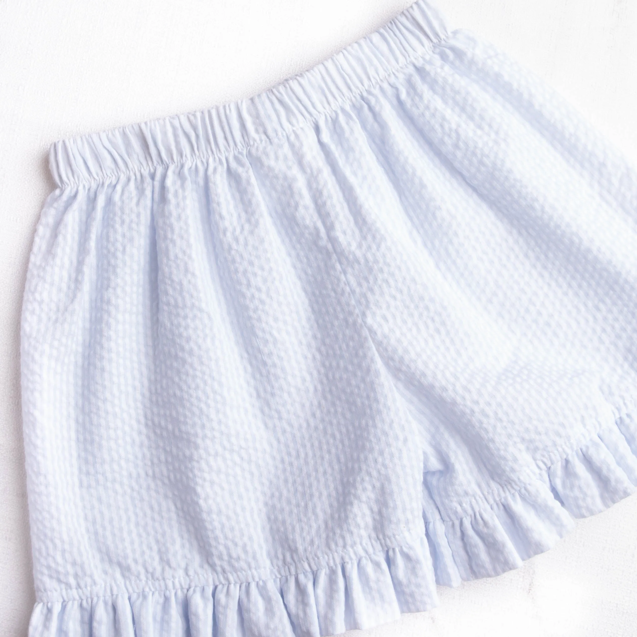 Whale of a Time Smocked Ruffle Short Set, Light Blue Seersucker