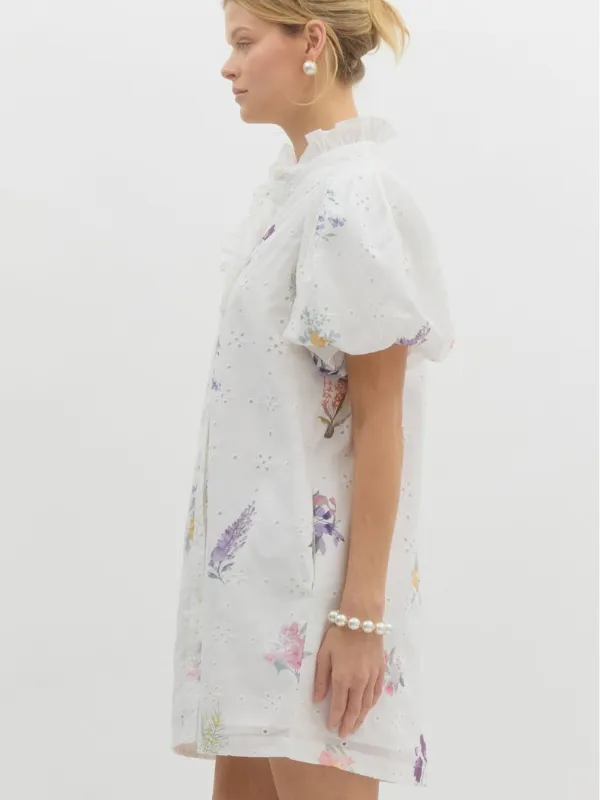 White Eyelet Flower Printed Dress