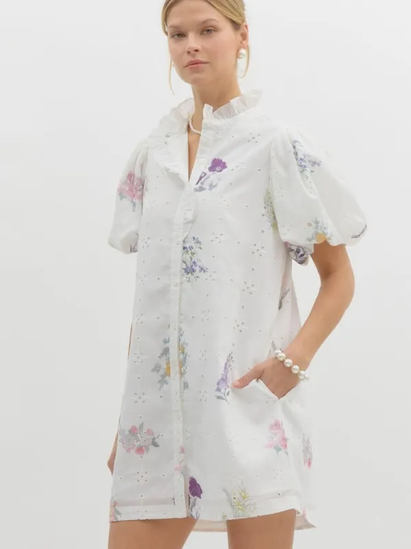 White Eyelet Flower Printed Dress