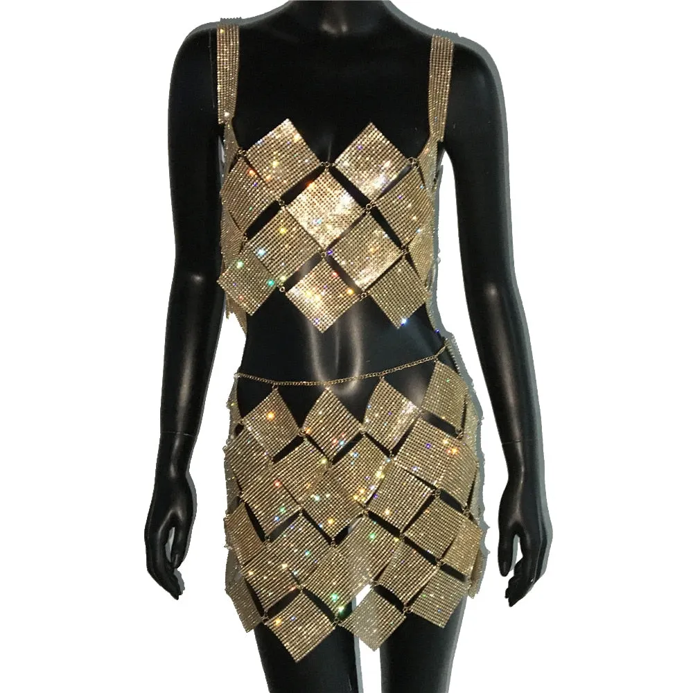 Women 2 Piece Set Shiny Crystal Sexy Hollow Out Sleeveless Backless Halter Tank Top Metal Chain Rhinestone Diamond Mini Skirt
