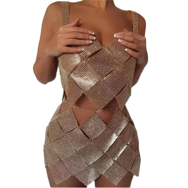 Women 2 Piece Set Shiny Crystal Sexy Hollow Out Sleeveless Backless Halter Tank Top Metal Chain Rhinestone Diamond Mini Skirt