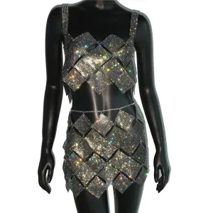 Women 2 Piece Set Shiny Crystal Sexy Hollow Out Sleeveless Backless Halter Tank Top Metal Chain Rhinestone Diamond Mini Skirt
