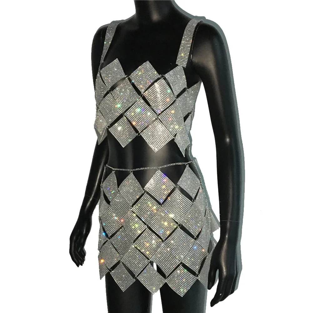 Women 2 Piece Set Shiny Crystal Sexy Hollow Out Sleeveless Backless Halter Tank Top Metal Chain Rhinestone Diamond Mini Skirt
