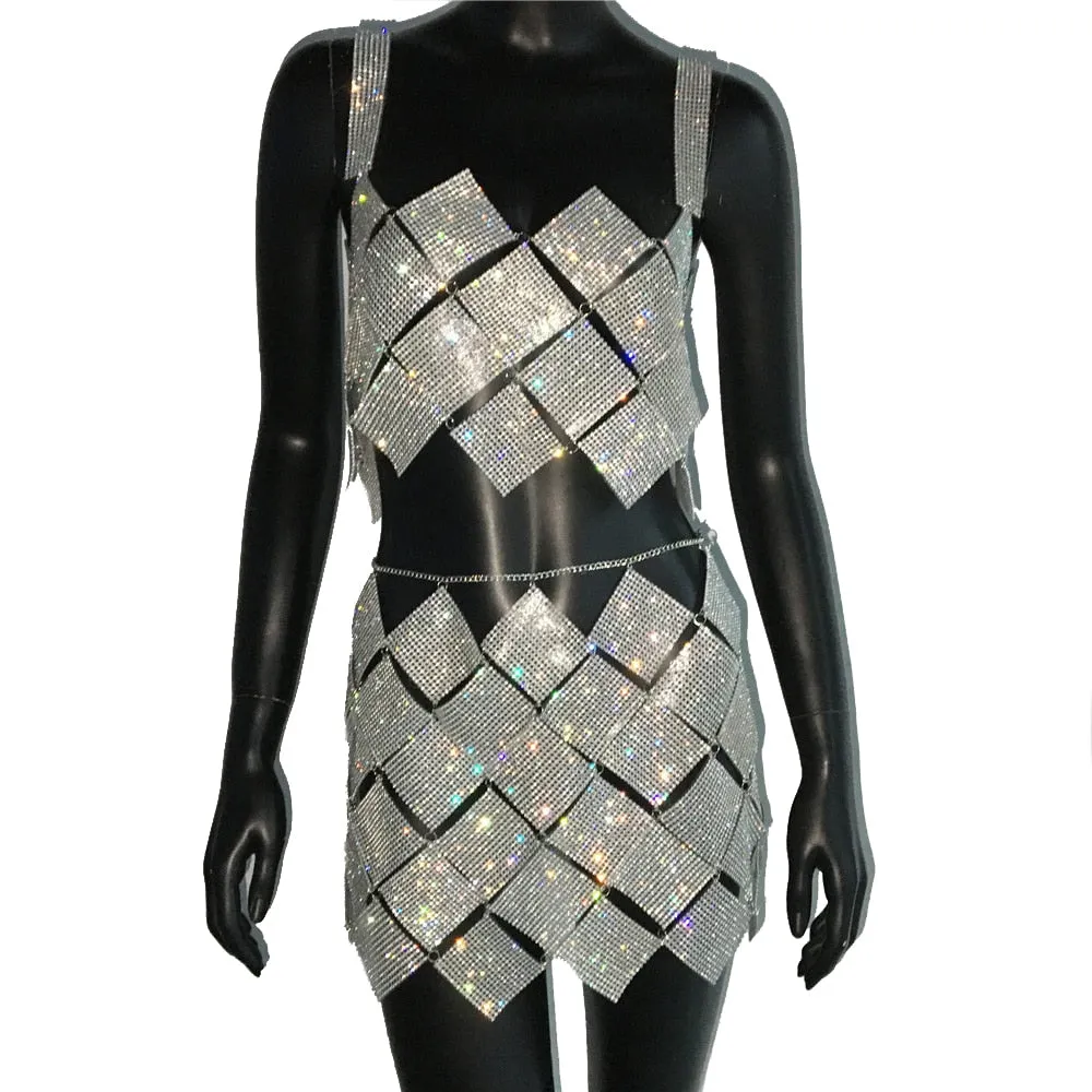 Women 2 Piece Set Shiny Crystal Sexy Hollow Out Sleeveless Backless Halter Tank Top Metal Chain Rhinestone Diamond Mini Skirt