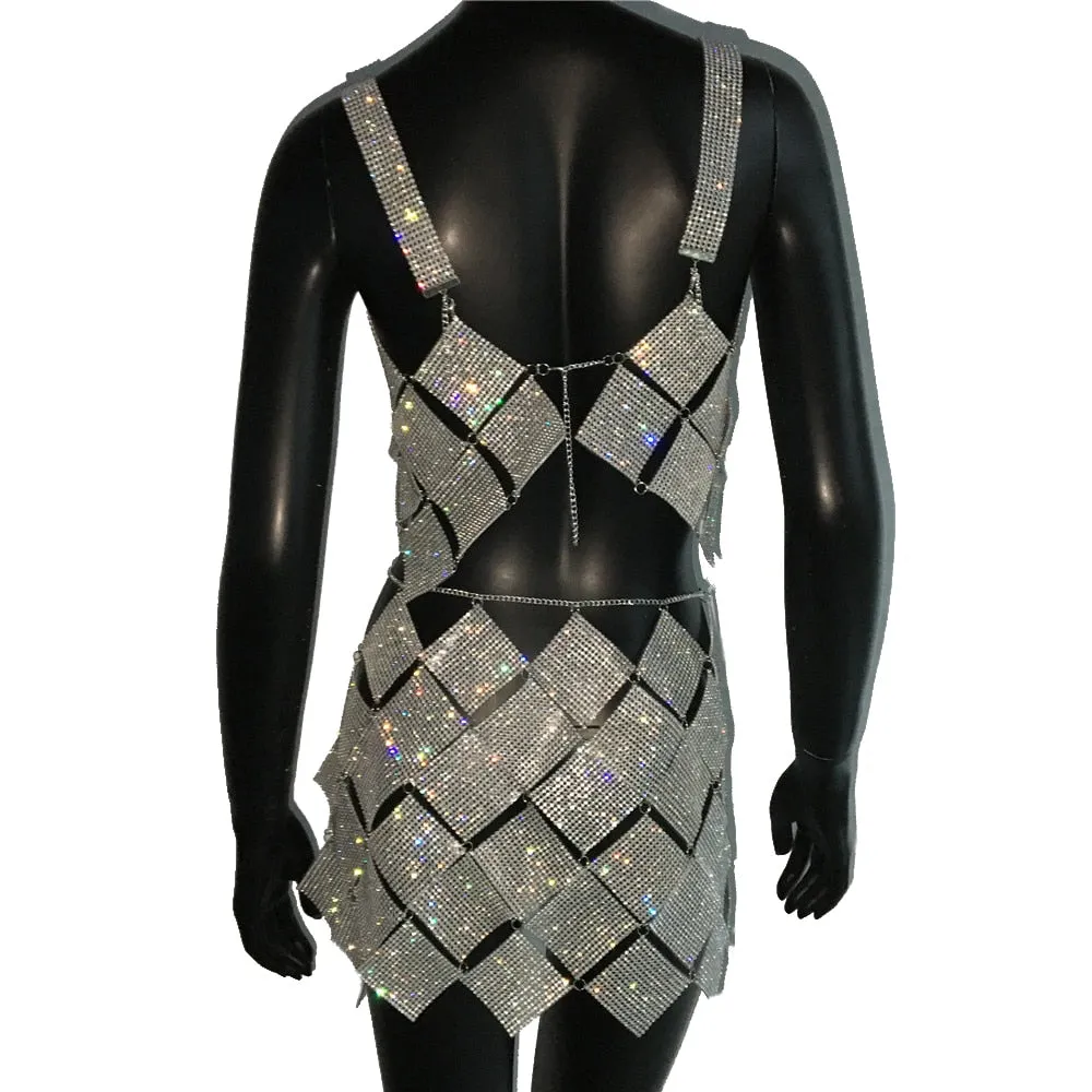 Women 2 Piece Set Shiny Crystal Sexy Hollow Out Sleeveless Backless Halter Tank Top Metal Chain Rhinestone Diamond Mini Skirt