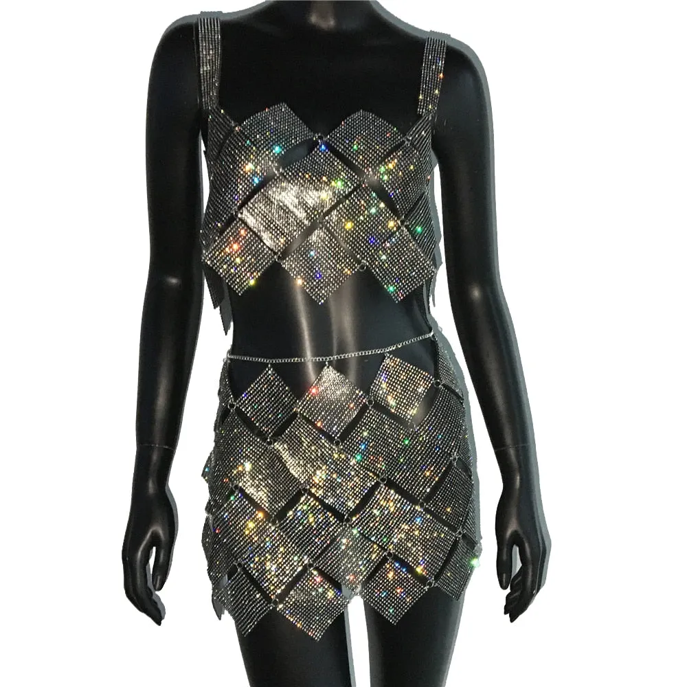 Women 2 Piece Set Shiny Crystal Sexy Hollow Out Sleeveless Backless Halter Tank Top Metal Chain Rhinestone Diamond Mini Skirt
