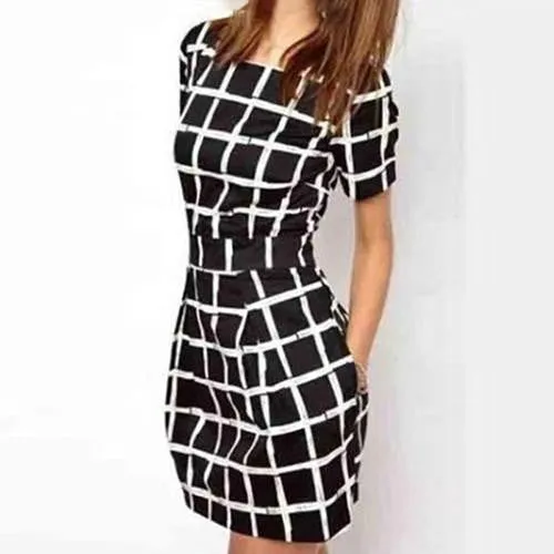 Women Short Sleeve Plaid Slim Bodycon Casual Pencil Black Mini Dress