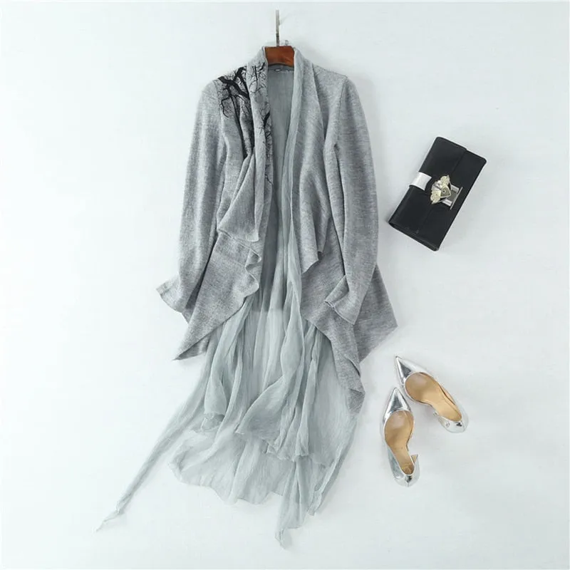 Women Silk Pattern Ruffled Collar Long Sleeves Pleated High-end Coat