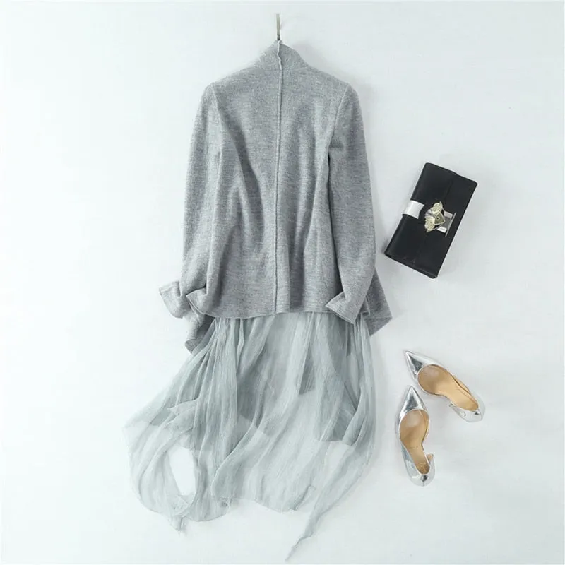 Women Silk Pattern Ruffled Collar Long Sleeves Pleated High-end Coat