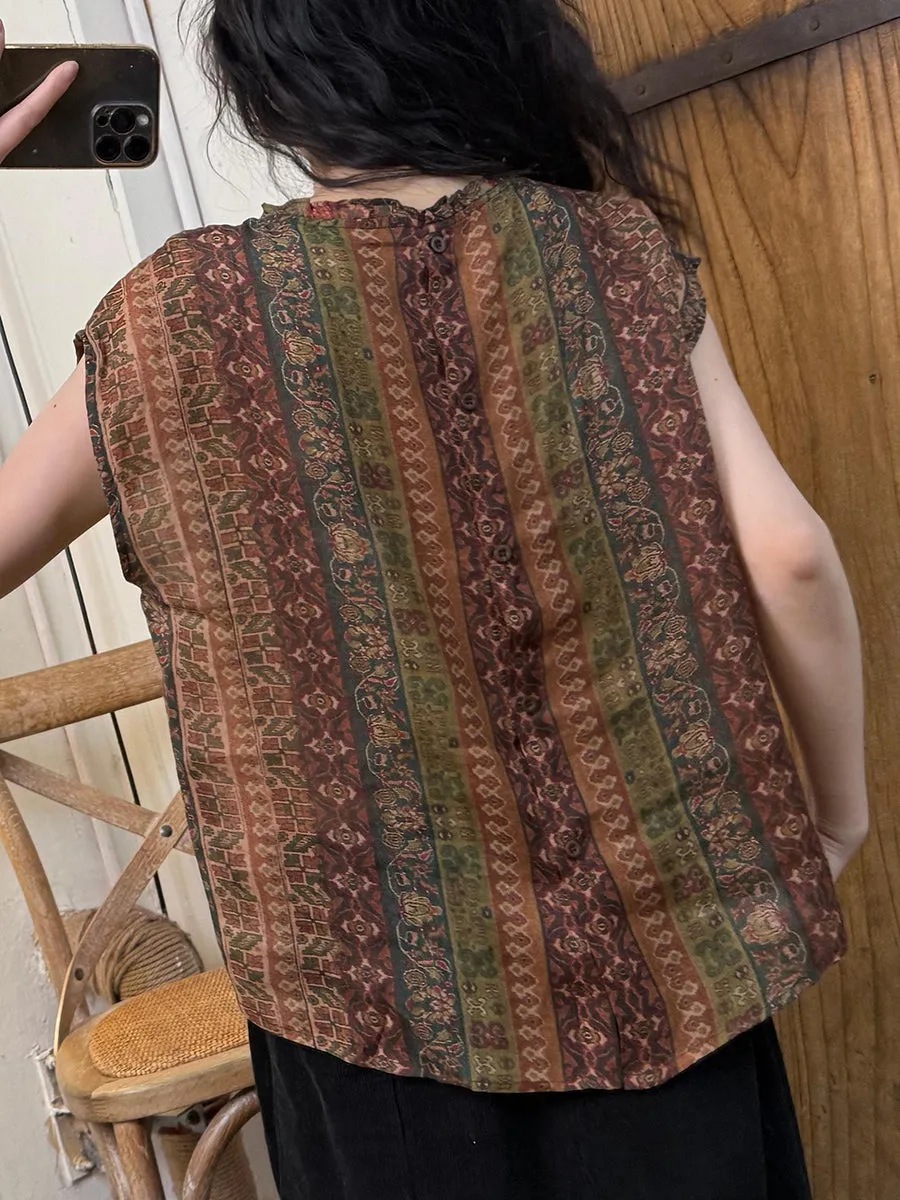 Women Summer Artsy Flower O-Neck Ramie Shirt