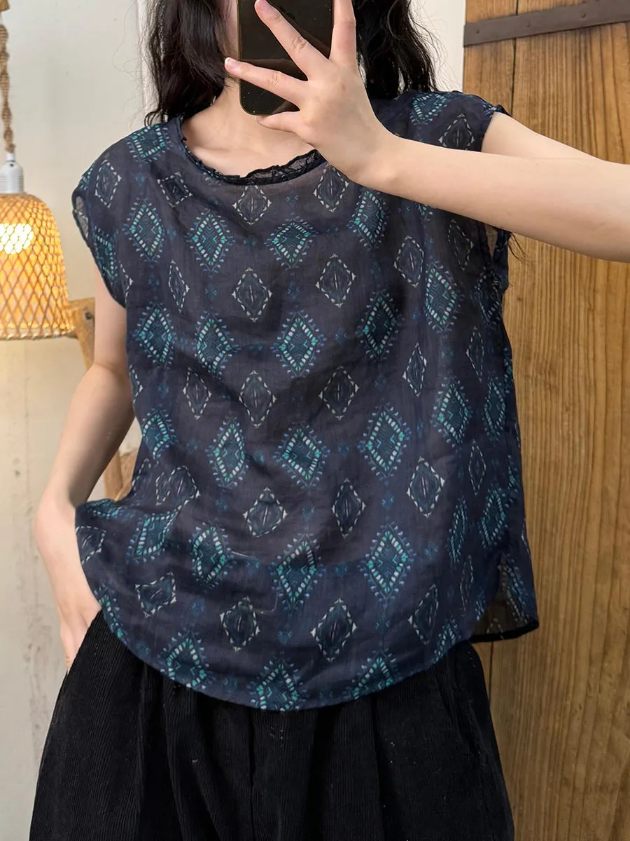 Women Summer Artsy Flower O-Neck Ramie Shirt