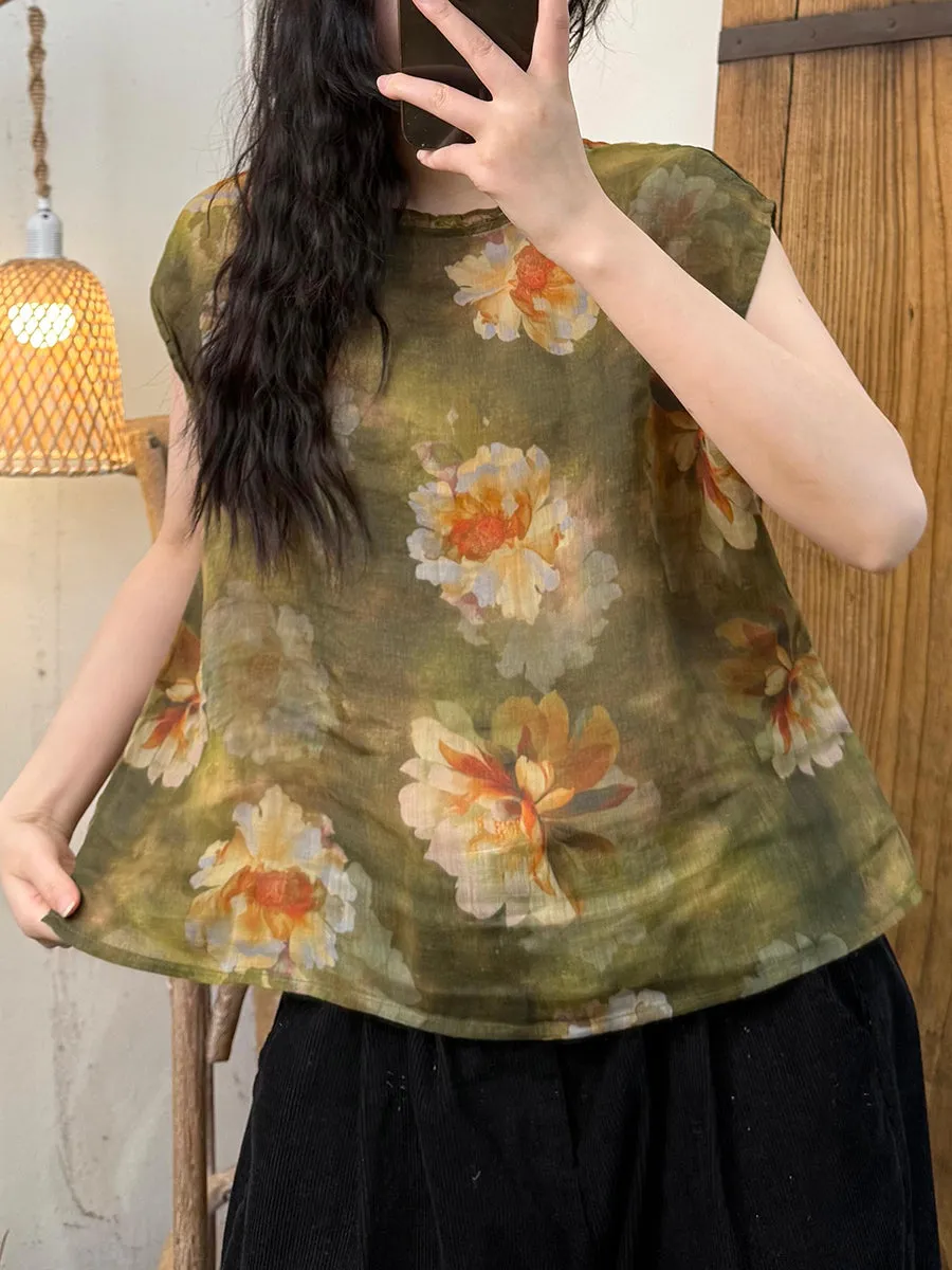 Women Summer Artsy Flower O-Neck Ramie Shirt