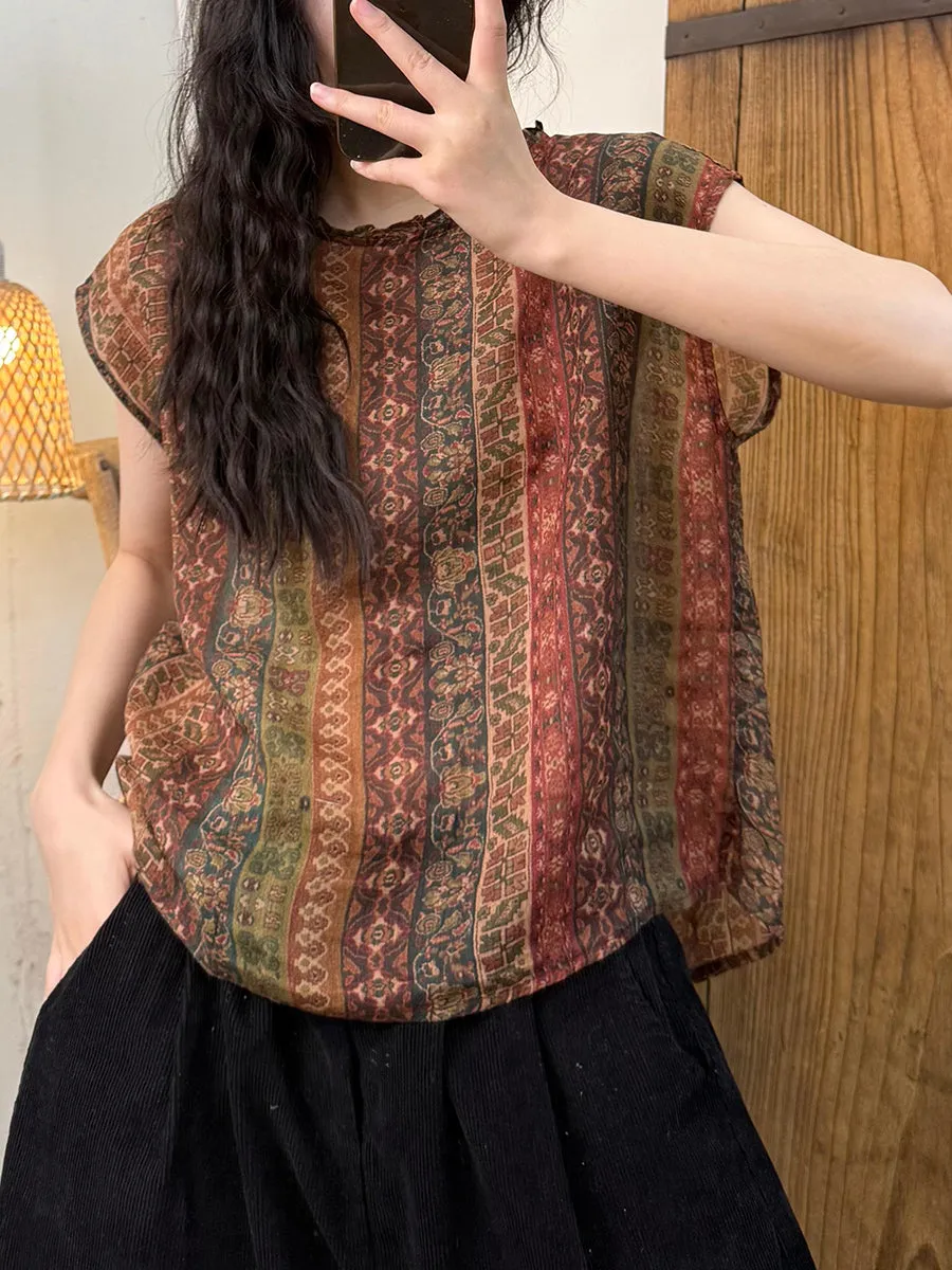 Women Summer Artsy Flower O-Neck Ramie Shirt