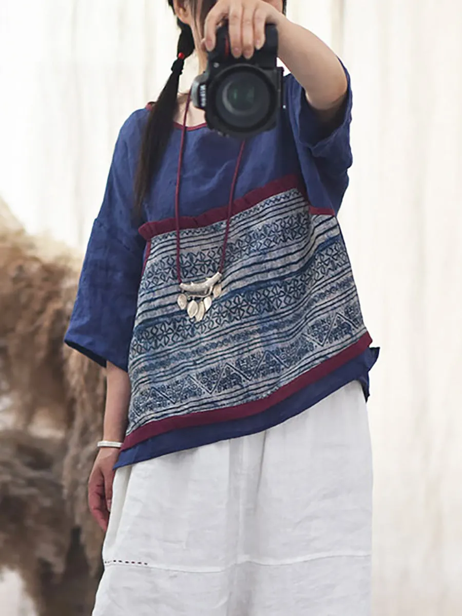 Women Summer Ethnic Flower Spliced O-Neck Shirt