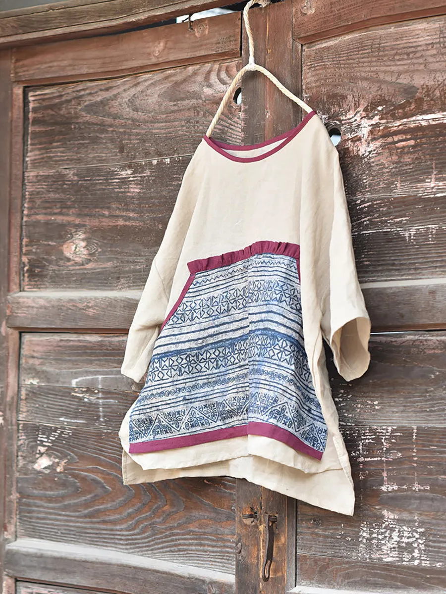 Women Summer Ethnic Flower Spliced O-Neck Shirt