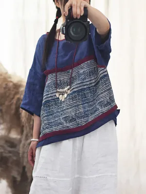 Women Summer Ethnic Flower Spliced O-Neck Shirt