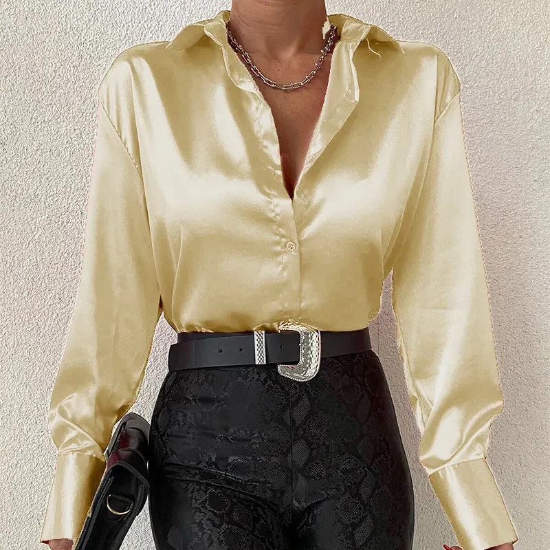 Womens Blouses Shirts Satin Silk Shirt Top Elegant Vneck Spring Summer Office Ladies Loose Button Up Long Sleeve Tops 230519