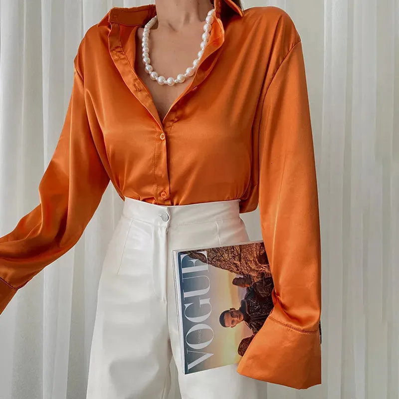 Womens Blouses Shirts Satin Silk Shirt Top Elegant Vneck Spring Summer Office Ladies Loose Button Up Long Sleeve Tops 230519