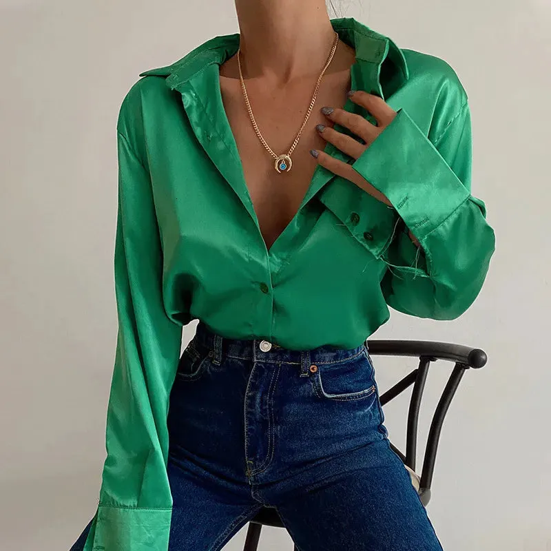 Womens Blouses Shirts Satin Silk Shirt Top Elegant Vneck Spring Summer Office Ladies Loose Button Up Long Sleeve Tops 230519