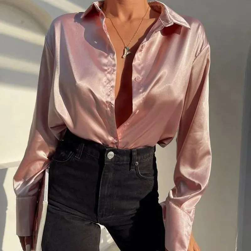 Womens Blouses Shirts Satin Silk Shirt Top Elegant Vneck Spring Summer Office Ladies Loose Button Up Long Sleeve Tops 230519