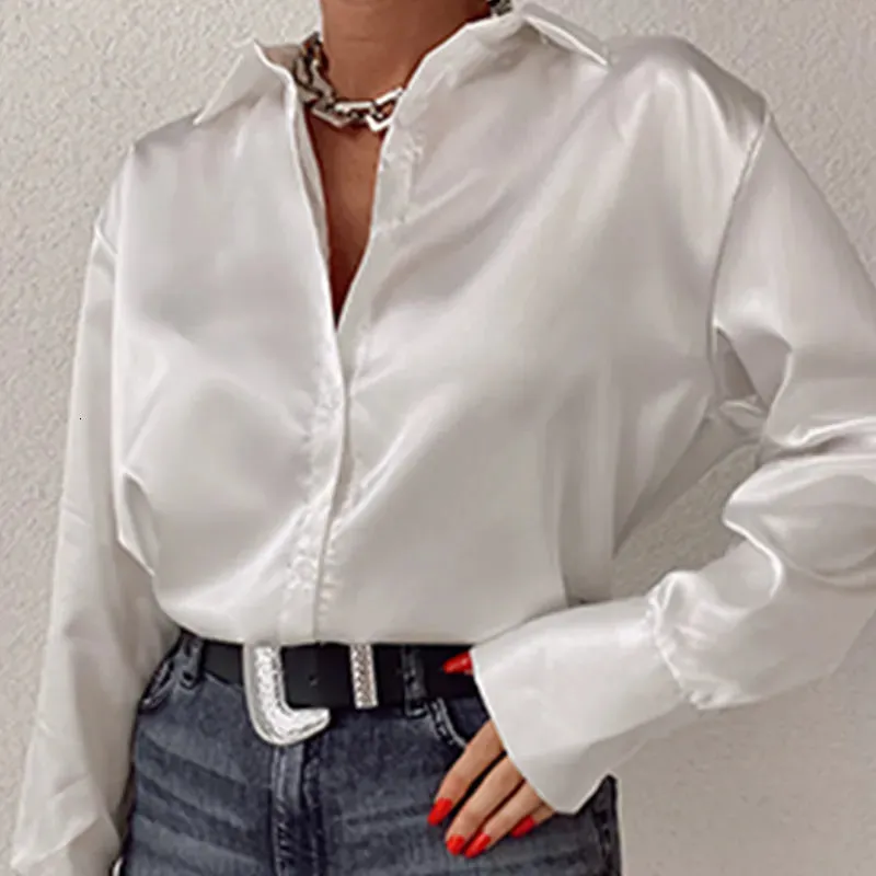 Womens Blouses Shirts Satin Silk Shirt Top Elegant Vneck Spring Summer Office Ladies Loose Button Up Long Sleeve Tops 230519