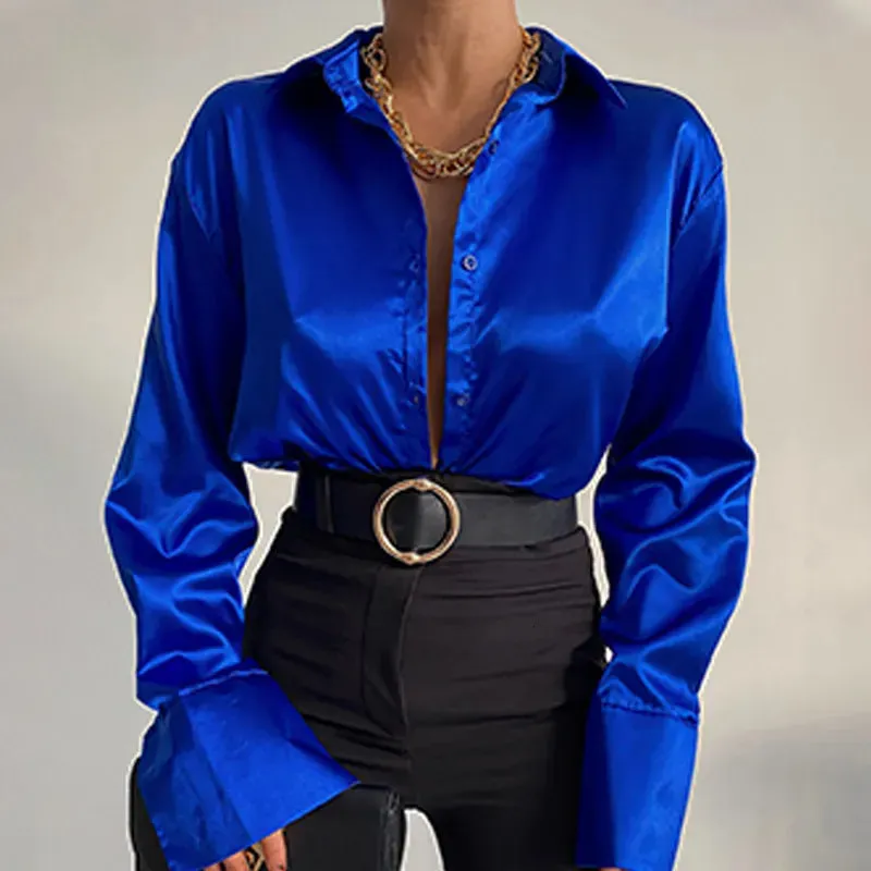 Womens Blouses Shirts Satin Silk Shirt Top Elegant Vneck Spring Summer Office Ladies Loose Button Up Long Sleeve Tops 230519