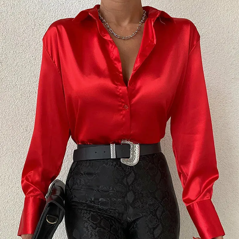 Womens Blouses Shirts Satin Silk Shirt Top Elegant Vneck Spring Summer Office Ladies Loose Button Up Long Sleeve Tops 230519