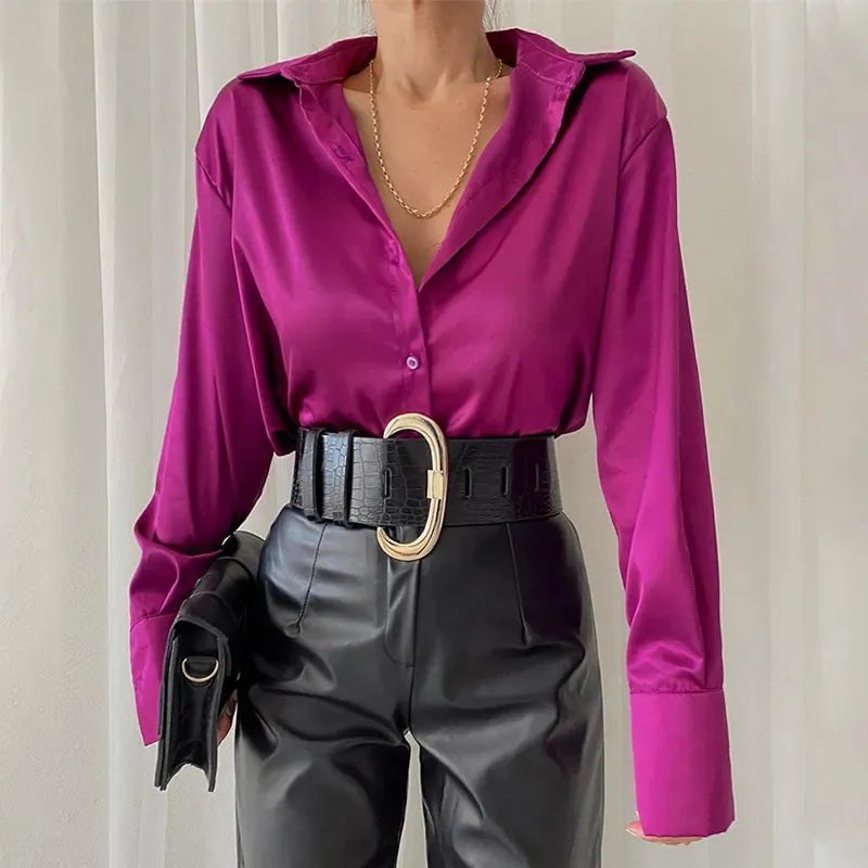 Womens Blouses Shirts Satin Silk Shirt Top Elegant Vneck Spring Summer Office Ladies Loose Button Up Long Sleeve Tops 230519