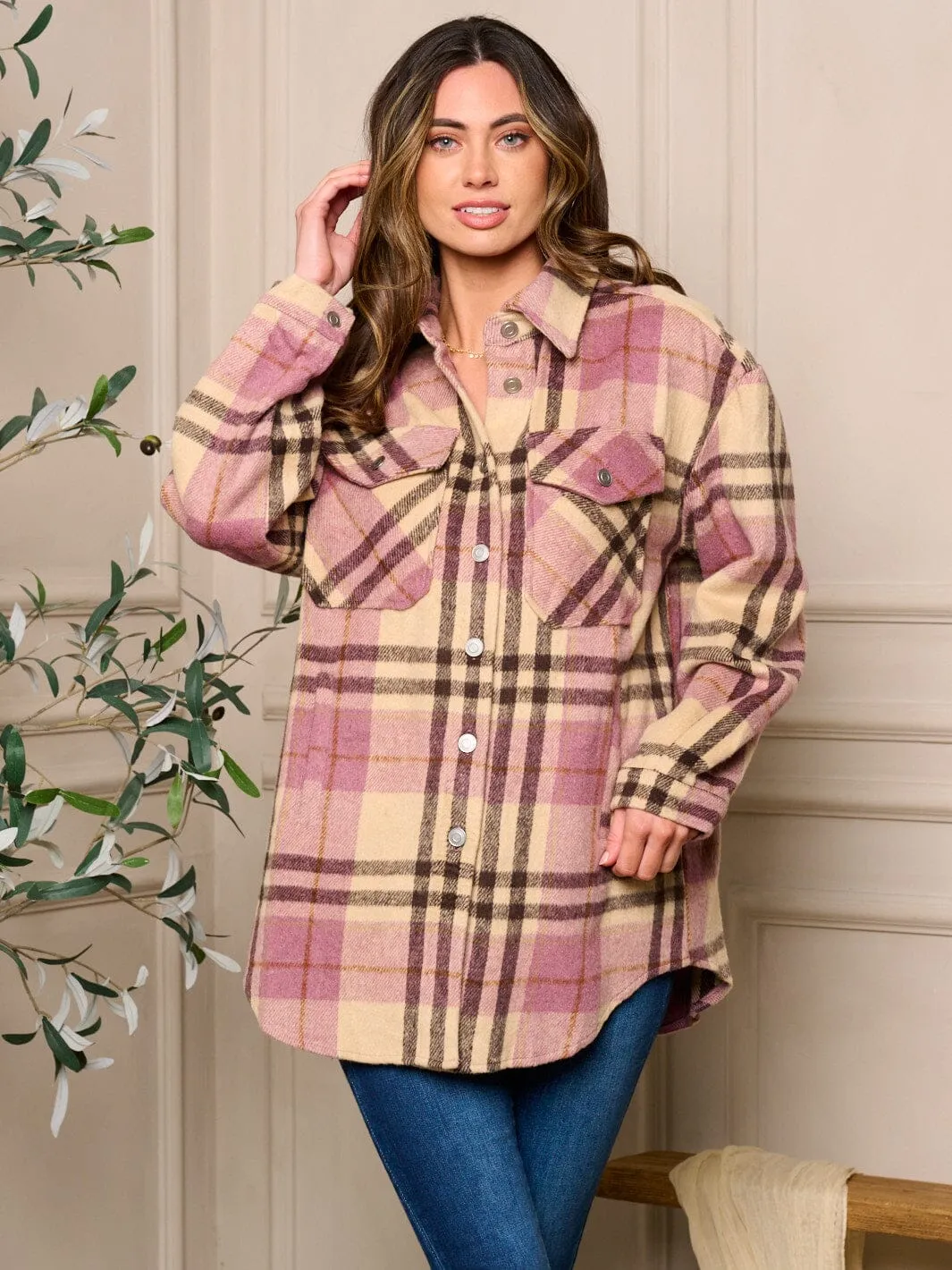 WOMENS LONG SLEEVE BUTTON UP PLAID SHACKET
