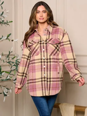 WOMENS LONG SLEEVE BUTTON UP PLAID SHACKET