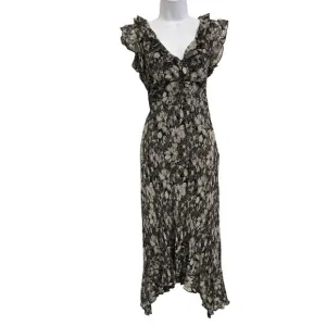 Women's M Vintage 90's Y2K Women's size Black Ivory Floral Print Silk Dress Flut