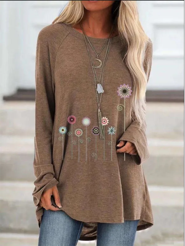 Women's Printed Long Sleeve Round Neck T-Shirt
