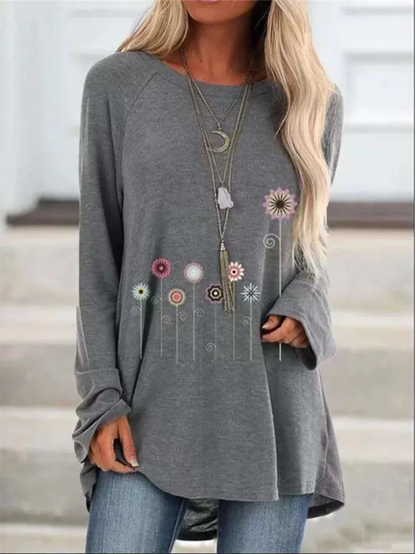 Women's Printed Long Sleeve Round Neck T-Shirt