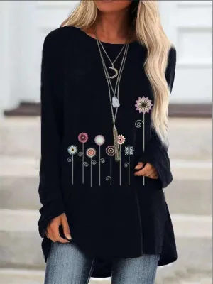 Women's Printed Long Sleeve Round Neck T-Shirt