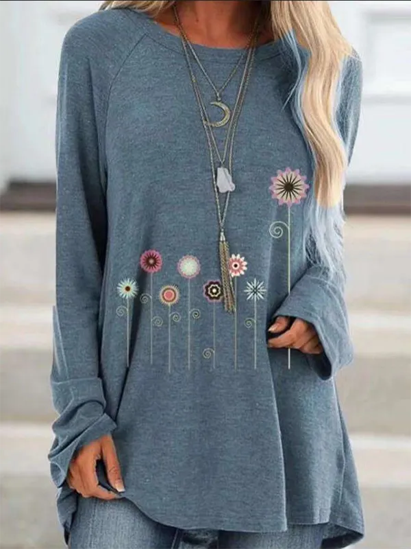 Women's Printed Long Sleeve Round Neck T-Shirt
