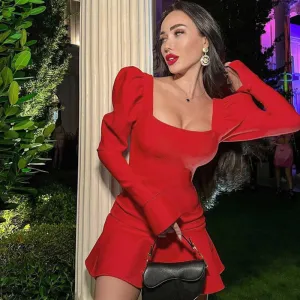 Women's Pure Color Square Neck Puff Sleeve Waist-Cinching Ruffled Hem Short Red Dress C-241018-3