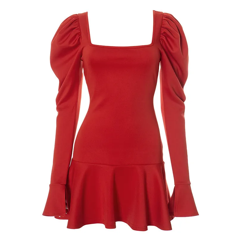 Women's Pure Color Square Neck Puff Sleeve Waist-Cinching Ruffled Hem Short Red Dress C-241018-3