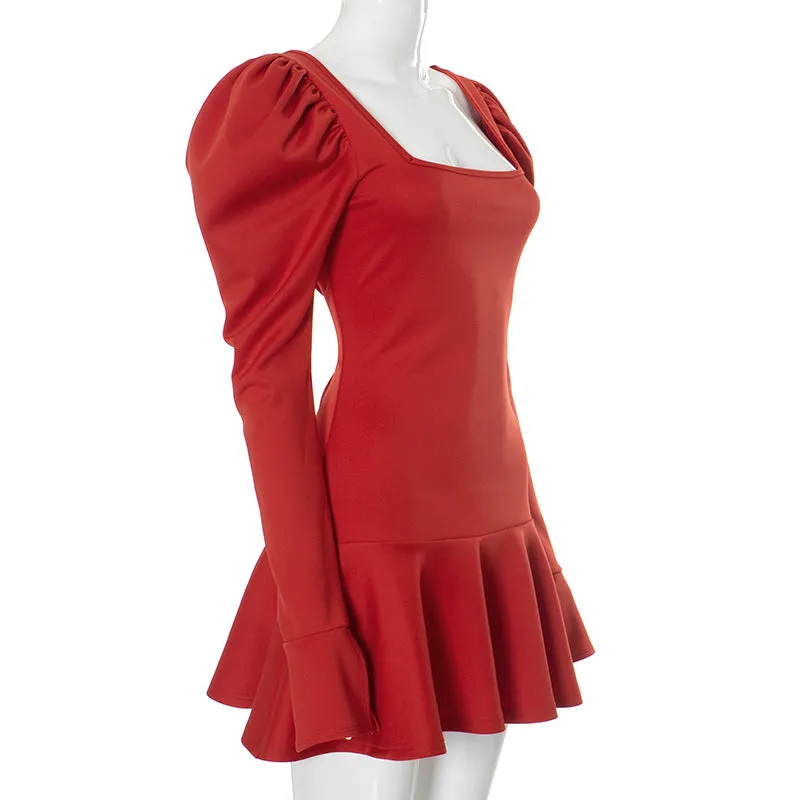 Women's Pure Color Square Neck Puff Sleeve Waist-Cinching Ruffled Hem Short Red Dress C-241018-3