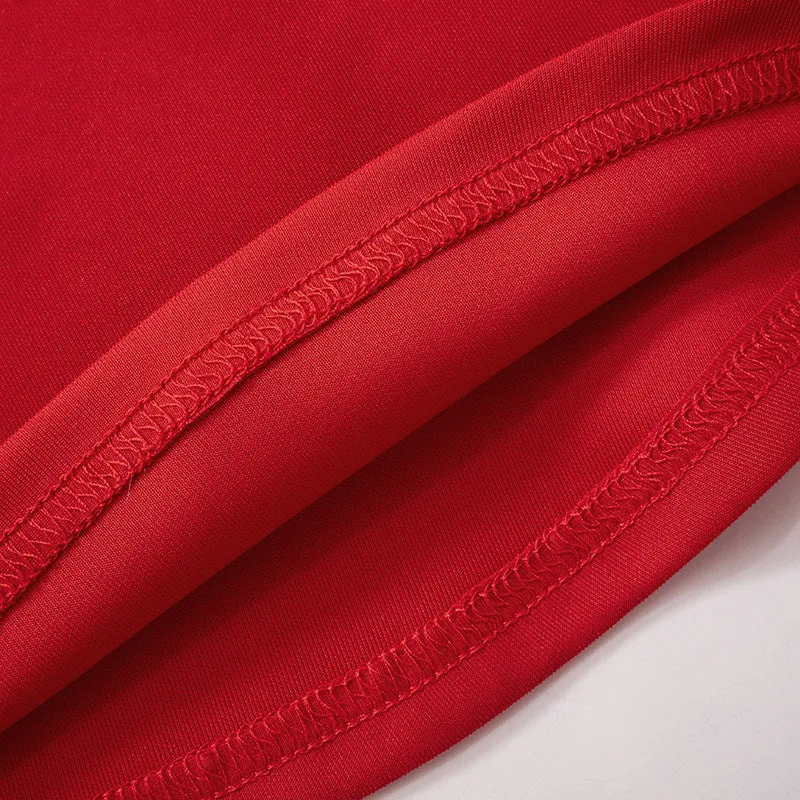 Women's Pure Color Square Neck Puff Sleeve Waist-Cinching Ruffled Hem Short Red Dress C-241018-3