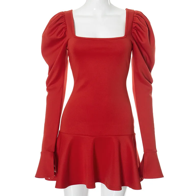 Women's Pure Color Square Neck Puff Sleeve Waist-Cinching Ruffled Hem Short Red Dress C-241018-3