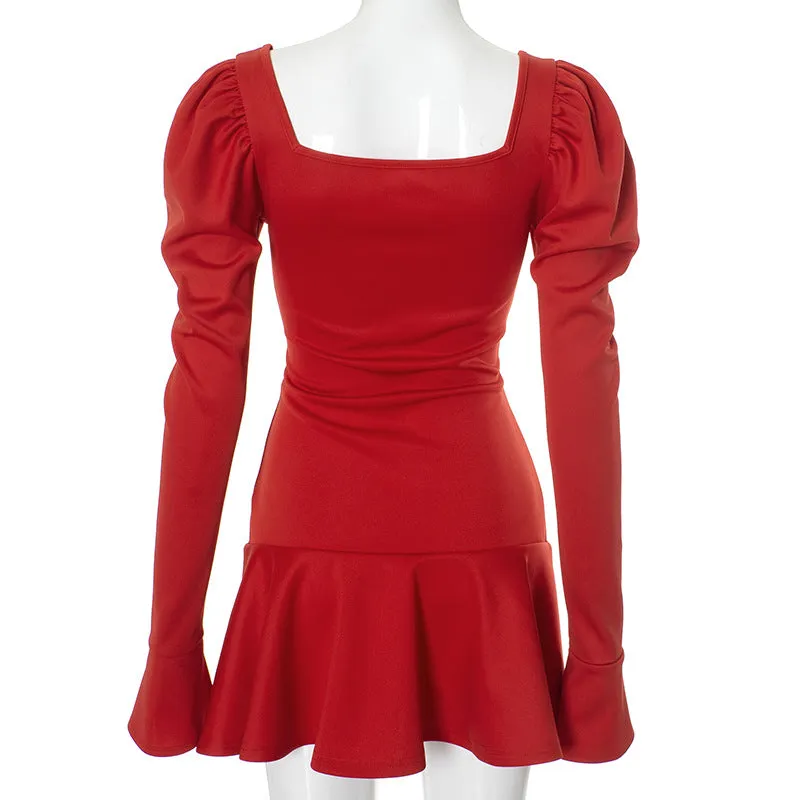 Women's Pure Color Square Neck Puff Sleeve Waist-Cinching Ruffled Hem Short Red Dress C-241018-3