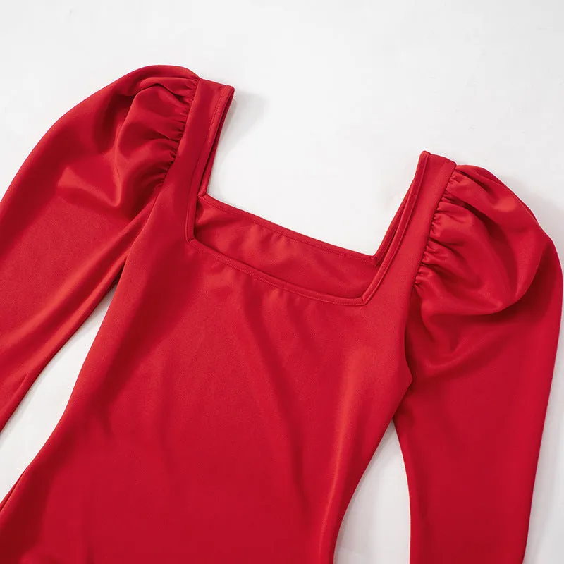 Women's Pure Color Square Neck Puff Sleeve Waist-Cinching Ruffled Hem Short Red Dress C-241018-3