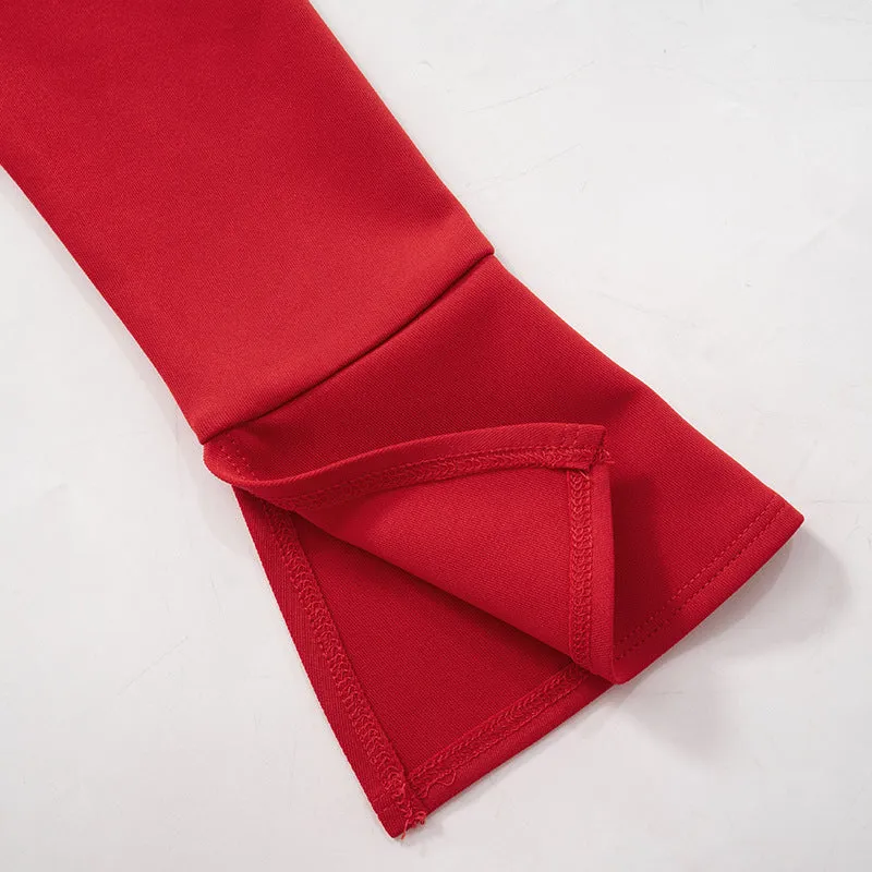 Women's Pure Color Square Neck Puff Sleeve Waist-Cinching Ruffled Hem Short Red Dress C-241018-3
