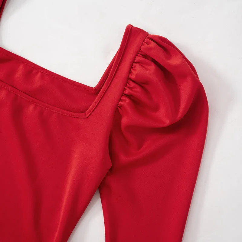 Women's Pure Color Square Neck Puff Sleeve Waist-Cinching Ruffled Hem Short Red Dress C-241018-3
