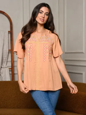 WOMEN'S SHORT FLUTTER SLEEVE EMBROIDERY TUNIC TOP