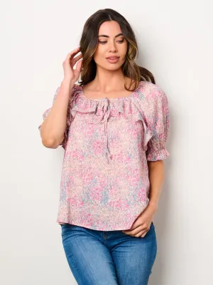WOMEN'S SHORT PUFF RUFFLE FLORAL BLOUSE TOP